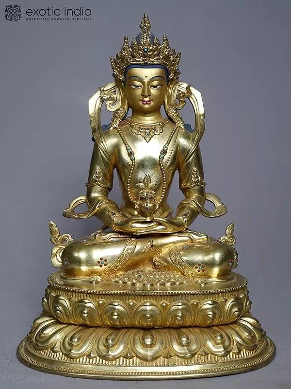 exotic india 13" Seated Lord Aparmita Buddha With Kalash In Copper Gold Plated From Nepal 