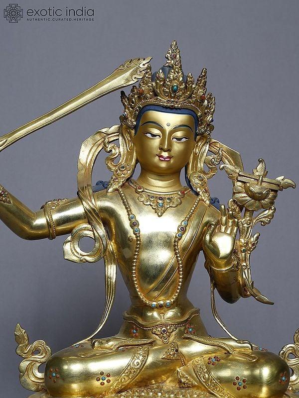 Exotic India 13" Seated Tibetan Buddhist Manjushree With Sword In Copper Gold Plated | Handmade 