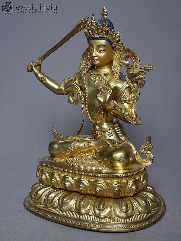 Exotic India 13" Seated Tibetan Buddhist Manjushree With Sword In Copper Gold Plated | Handmade 