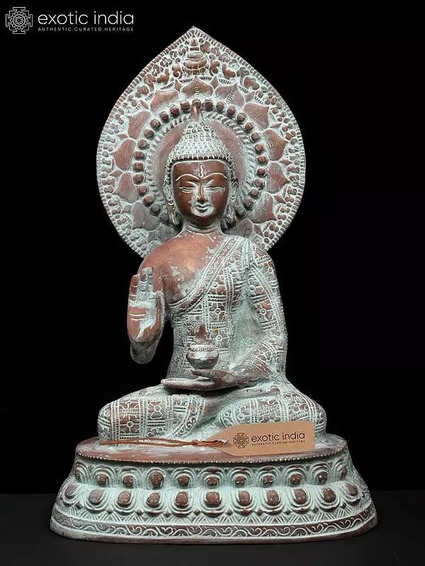 exotic india 13" Shakyamuni Buddha in Abhaya Mudra | Brass Statue 