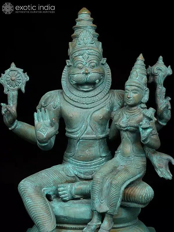 Exotic India 13" Sitting Lord Narasimha With Goddess Lakshmi | Madhuchista Vidhana (Lost-Wax) | Panchaloha Bronze From Swamimalai 