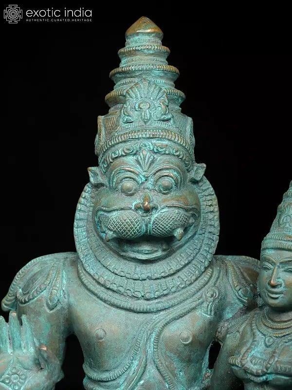 Exotic India 13" Sitting Lord Narasimha With Goddess Lakshmi | Madhuchista Vidhana (Lost-Wax) | Panchaloha Bronze From Swamimalai 