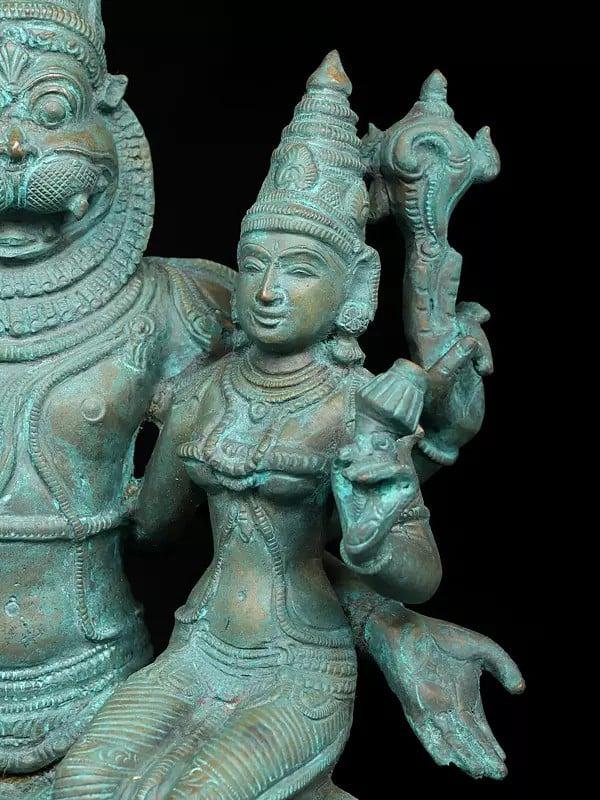 Exotic India 13" Sitting Lord Narasimha With Goddess Lakshmi | Madhuchista Vidhana (Lost-Wax) | Panchaloha Bronze From Swamimalai 