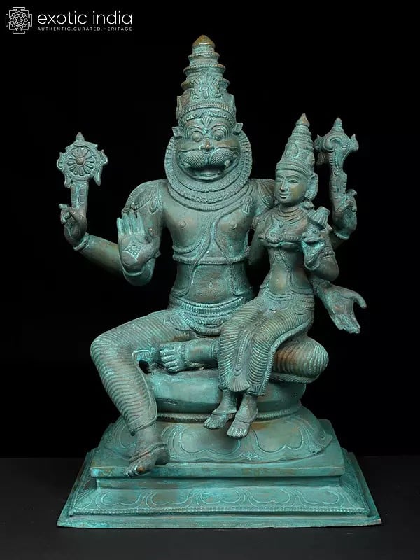 exotic india 13" Sitting Lord Narasimha with Goddess Lakshmi | Madhuchista Vidhana (Lost-Wax) | Panchaloha Bronze from Swamimalai 