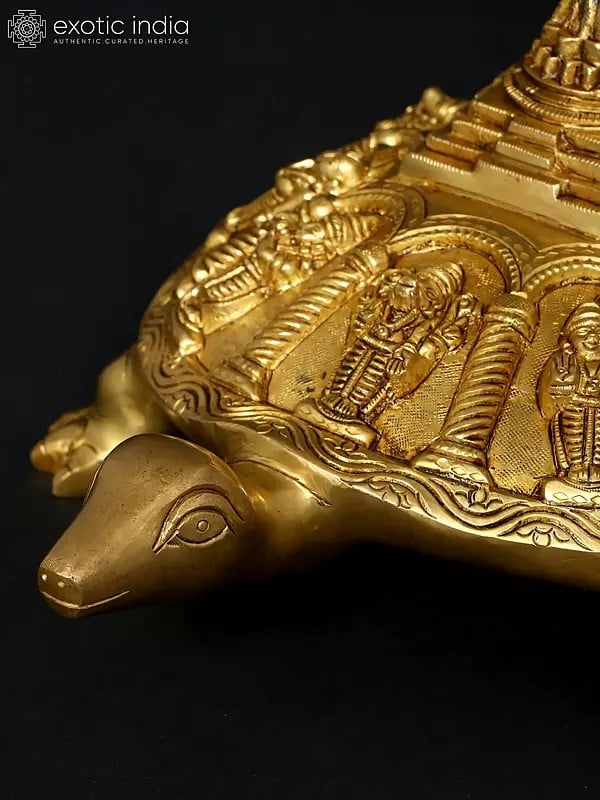 Exotic India 13" Vastu Tortoise With Dashavatara And Yantra On Top | Ritual Brass Item 