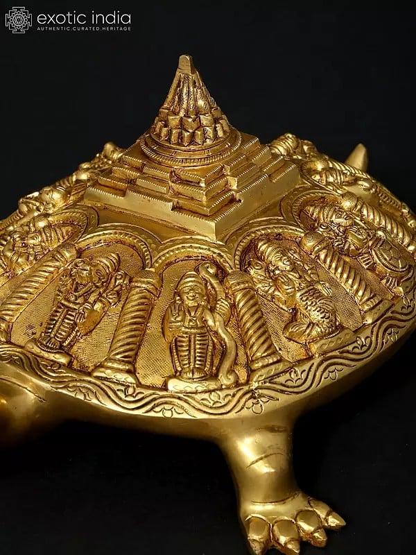 Exotic India 13" Vastu Tortoise With Dashavatara And Yantra On Top | Ritual Brass Item 