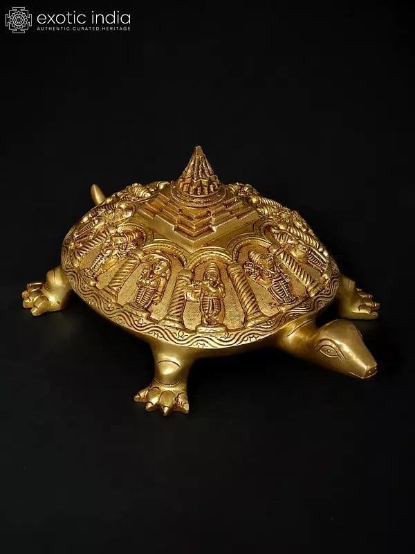 Exotic India 13" Vastu Tortoise With Dashavatara And Yantra On Top | Ritual Brass Item 