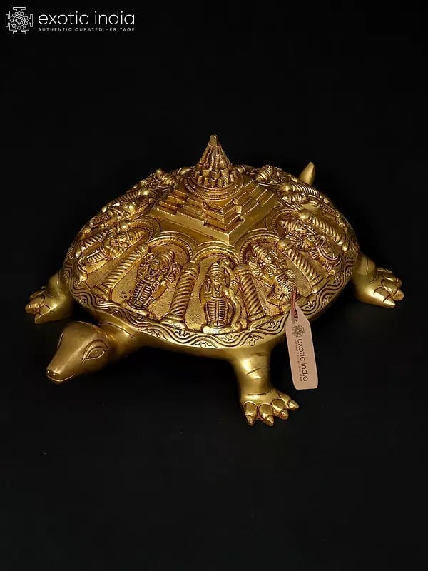 exotic india 13" Vastu Tortoise with Dashavatara and Yantra on Top | Ritual Brass Item 