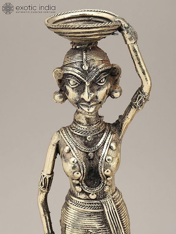 Exotic India 13" Working Tribal Man And Woman (Pair) | Dhokra Art | Decorative Brass Statues