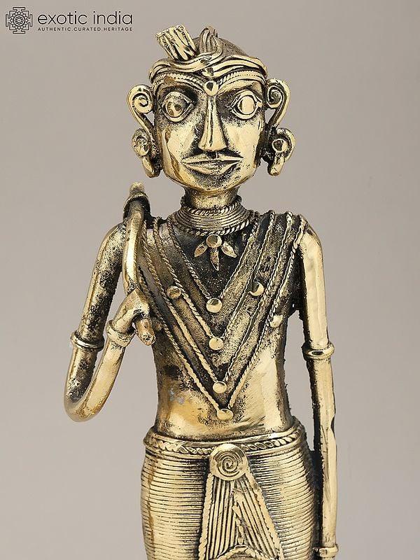 Exotic India 13" Working Tribal Man And Woman (Pair) | Dhokra Art | Decorative Brass Statues