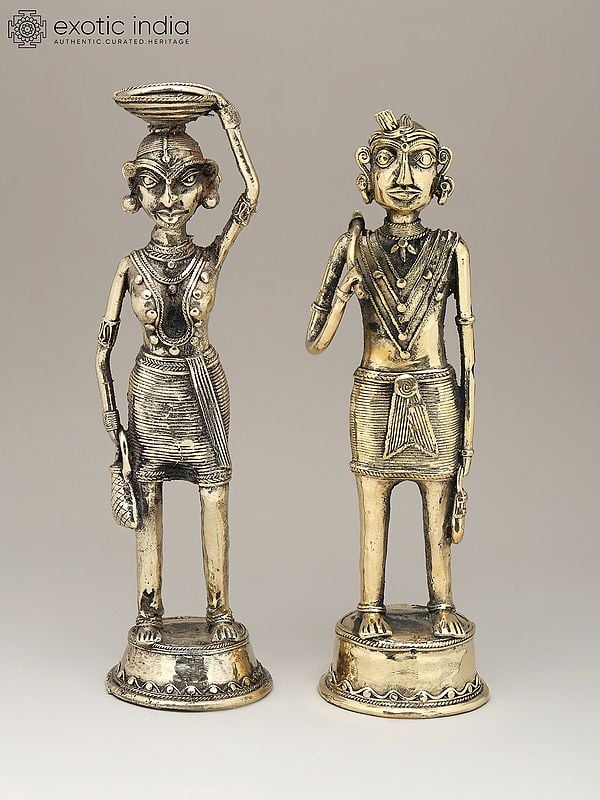 exotic india 13" Working Tribal Man and Woman (Pair) | Dhokra Art | Decorative Brass Statues 