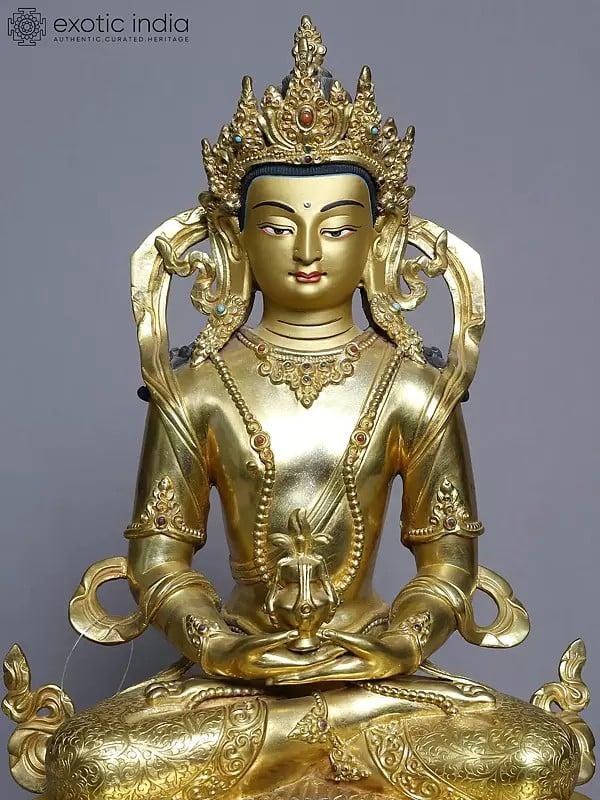 Exotic India 14" Amitabha Buddha Statue On Pedestal In Copper Gold Plated From Nepal 