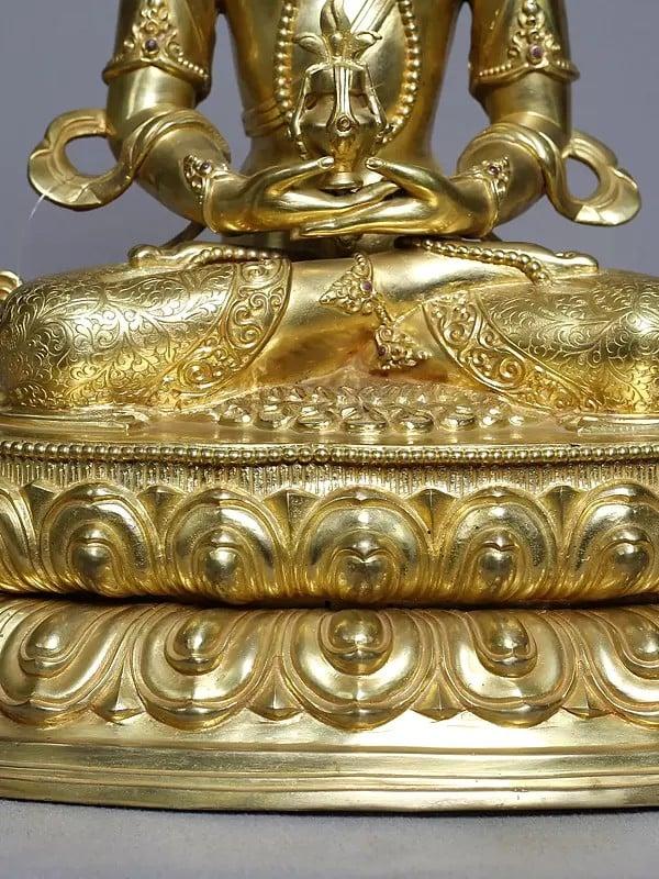 Exotic India 14" Amitabha Buddha Statue On Pedestal In Copper Gold Plated From Nepal 
