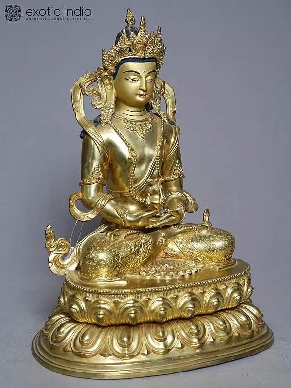 Exotic India 14" Amitabha Buddha Statue On Pedestal In Copper Gold Plated From Nepal 