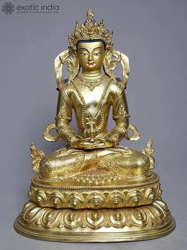 exotic india 14" Amitabha Buddha Statue On Pedestal In Copper Gold Plated From Nepal 
