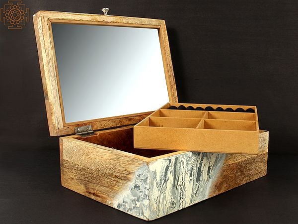 exotic india 14'' Authentic Wooden Jewelry Box with Mirror 