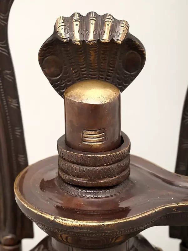 Exotic India 14" Brass Shivalingam Protected By Five Hooded Serpent With Flame Arch | Made In India | Handmade 