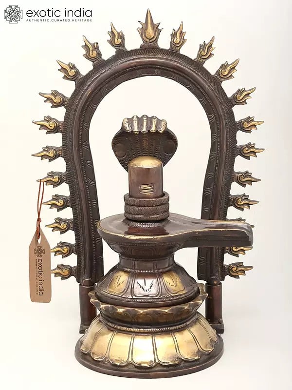 exotic india 14" Brass Shivalingam Protected by Five Hooded Serpent with Flame Arch | Made In India | Handmade 