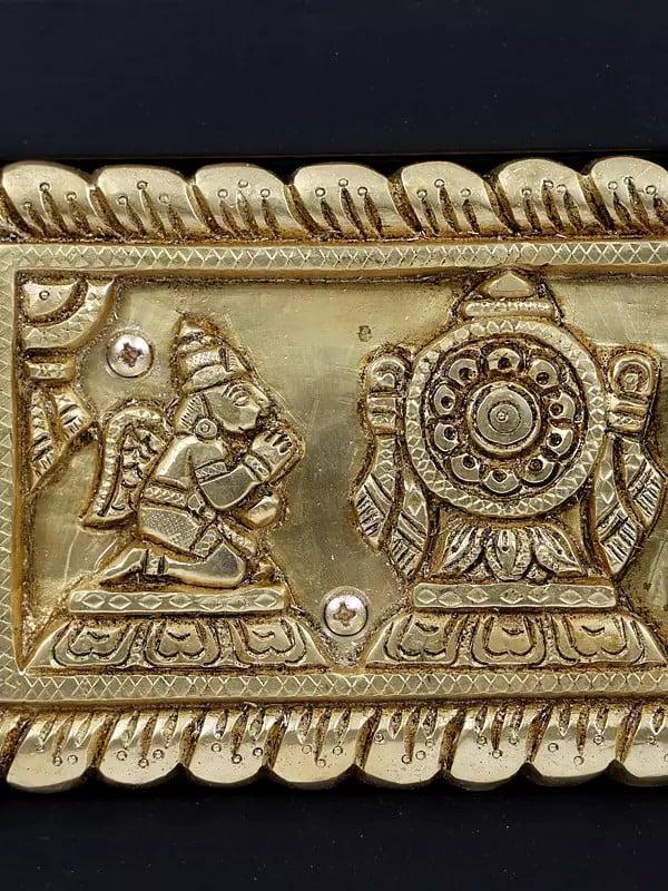 Exotic India 14" Brass Vaishnava Symbols With Garuda And Hanuman | Wood Framed | Wall Hanging 