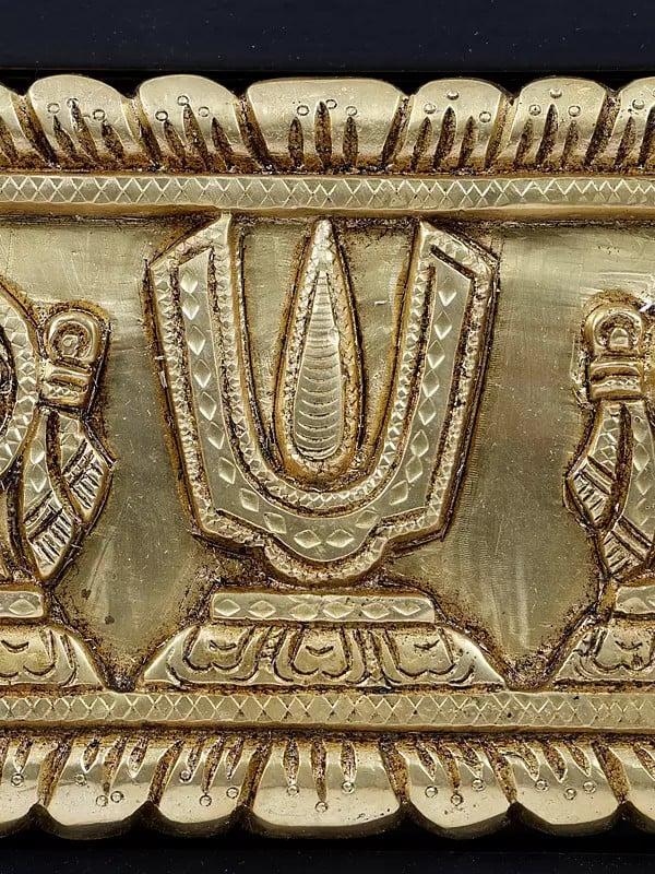 Exotic India 14" Brass Vaishnava Symbols With Garuda And Hanuman | Wood Framed | Wall Hanging 