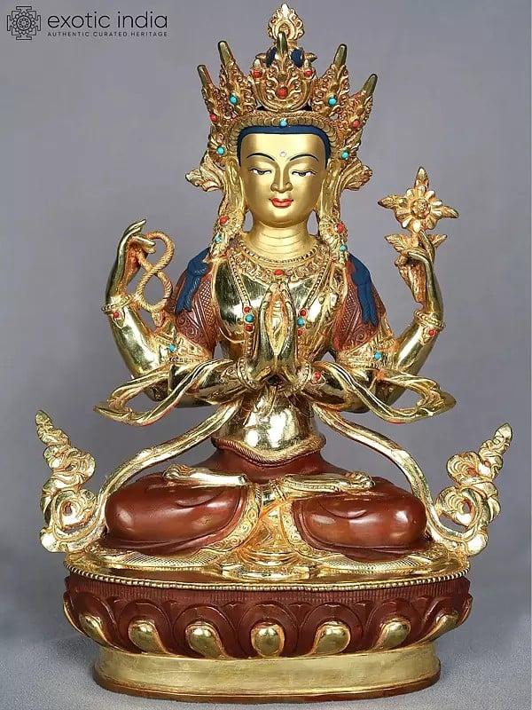 exotic india 14" Chenrezig Avalokiteshvara Idol from Nepal | Tibetan Buddhist Deity Statue 