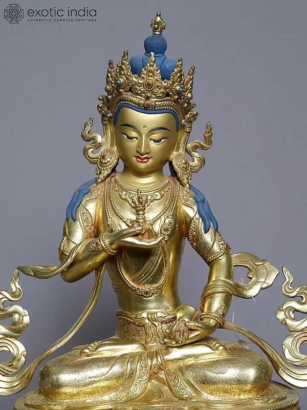 Exotic India 14" Copper Gold Plated Tibetan Buddhist Deity Vajrasattva Holding A Vajra From Nepal 