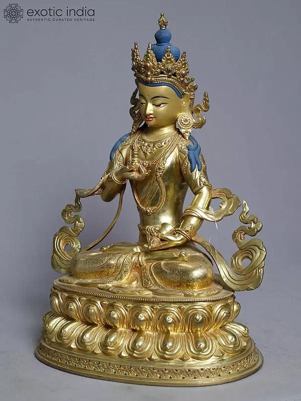 Exotic India 14" Copper Gold Plated Tibetan Buddhist Deity Vajrasattva Holding A Vajra From Nepal 