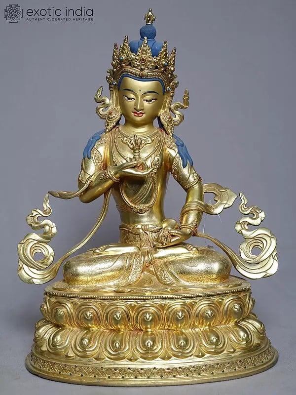 exotic india 14" Copper Gold Plated Tibetan Buddhist Deity Vajrasattva Holding A Vajra From Nepal 