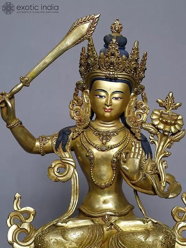 Exotic India 14" Copper Gold Plated Tibetan Buddhist Manjushree From Nepal | Handmade Idol 