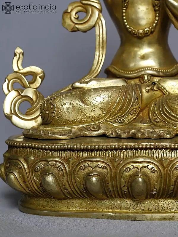 Exotic India 14" Copper Gold Plated Tibetan Buddhist Manjushree From Nepal | Handmade Idol 