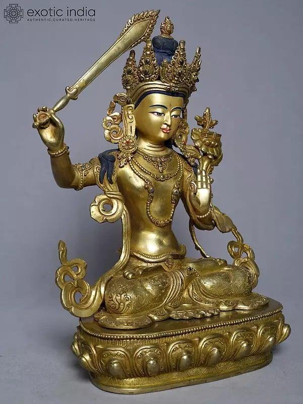 Exotic India 14" Copper Gold Plated Tibetan Buddhist Manjushree From Nepal | Handmade Idol 