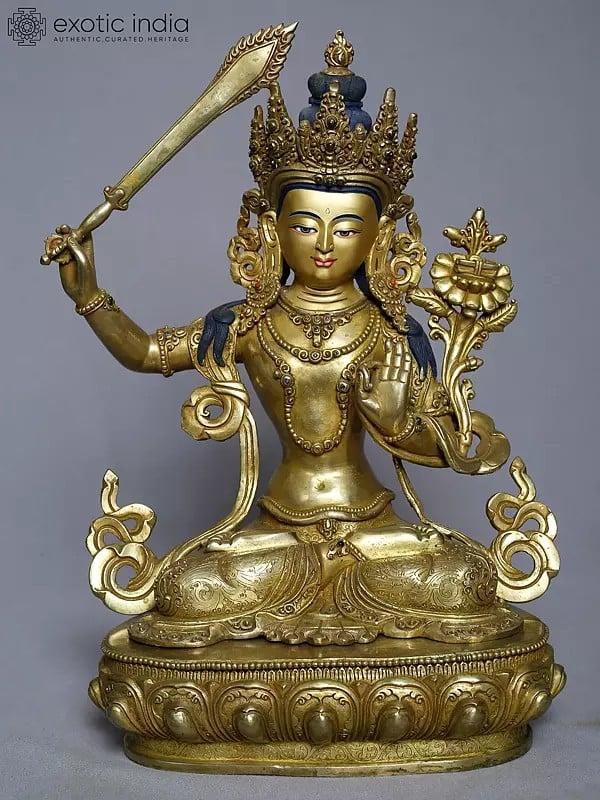 exotic india 14" Copper Gold Plated Tibetan Buddhist Manjushree From Nepal | Handmade Idol 