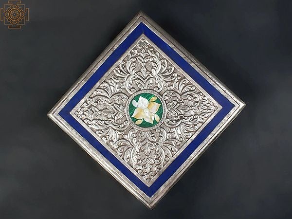 Exotic India 14" Designer Square Shape Chowki/Pedestal | .999 Silver Cladding On Wood With Malachite And MOP Inlay