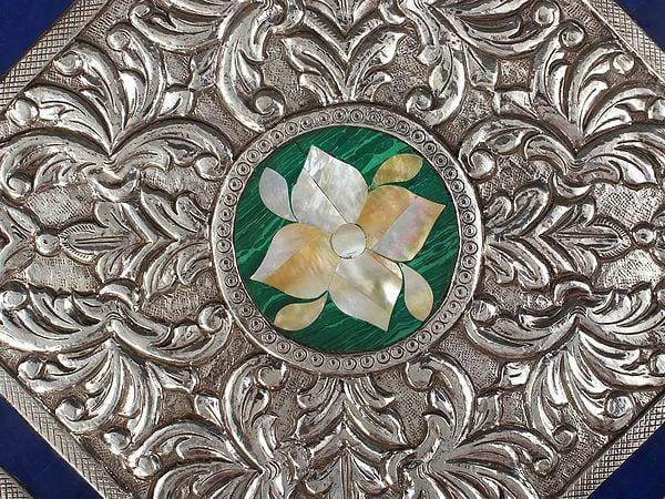 Exotic India 14" Designer Square Shape Chowki/Pedestal | .999 Silver Cladding On Wood With Malachite And MOP Inlay