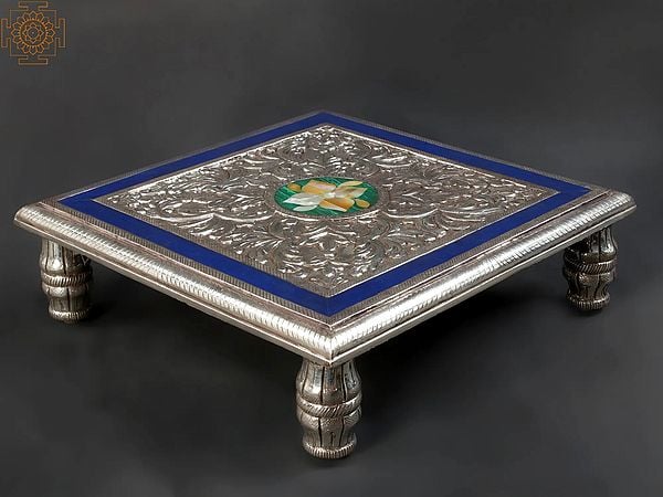 Exotic India 14" Designer Square Shape Chowki/Pedestal | .999 Silver Cladding On Wood With Malachite And MOP Inlay