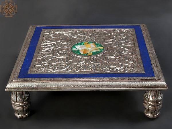 exotic india 14" Designer Square Shape Chowki/Pedestal | .999 Silver Cladding on Wood with Malachite and MOP Inlay