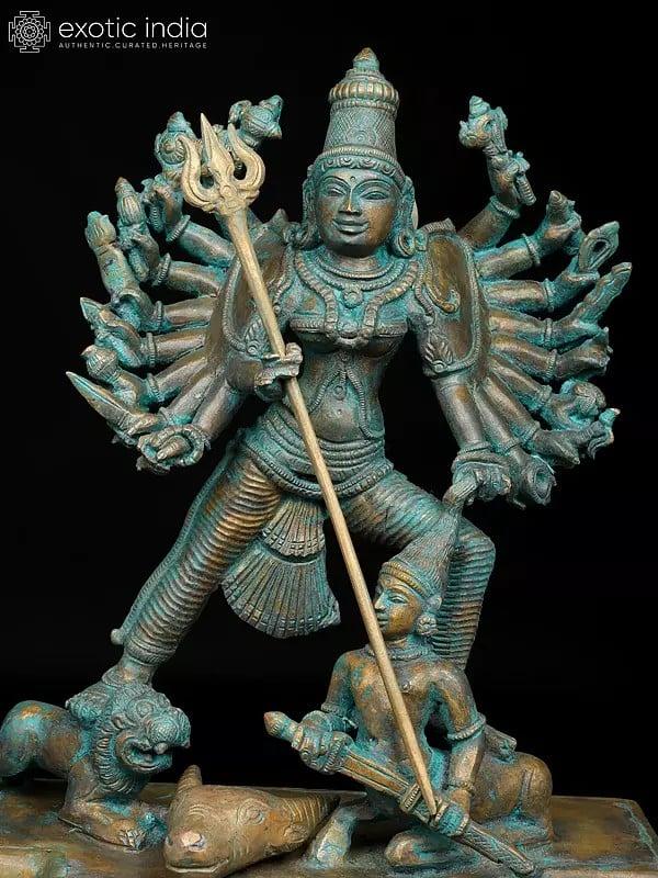 Exotic India 14" Eighteen Armed Goddess Mahishasuramardini (Goddess Durga) | Madhuchista Vidhana (Lost-Wax) | Panchaloha Bronze From Swamimalai 