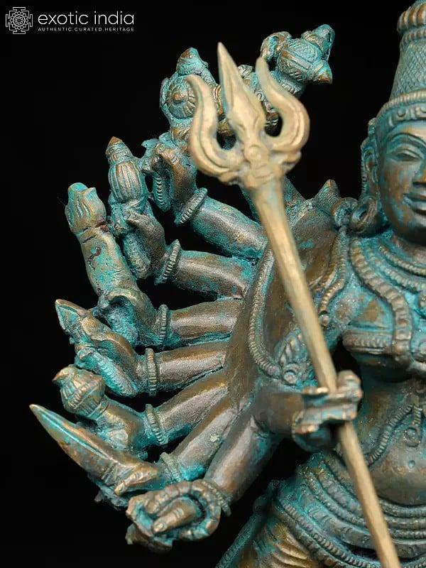 Exotic India 14" Eighteen Armed Goddess Mahishasuramardini (Goddess Durga) | Madhuchista Vidhana (Lost-Wax) | Panchaloha Bronze From Swamimalai 