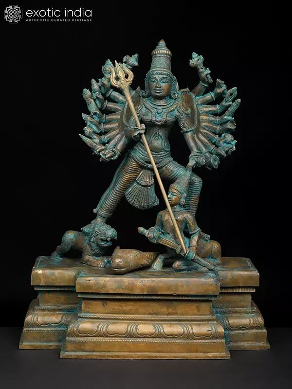 exotic india 14" Eighteen Armed Goddess Mahishasuramardini (Goddess Durga) | Madhuchista Vidhana (Lost-Wax) | Panchaloha Bronze from Swamimalai 