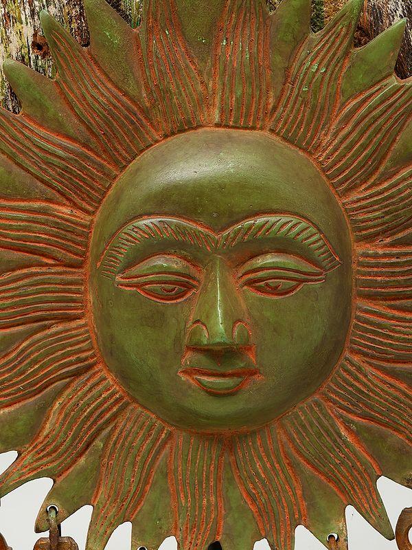 Exotic India 14" Hanging Sun In Brass With Wooden Stand 