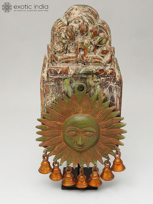 Exotic India 14" Hanging Sun In Brass With Wooden Stand 
