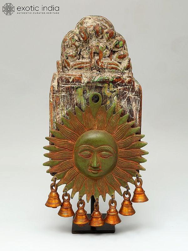 exotic india 14" Hanging Sun in Brass with Wooden Stand 