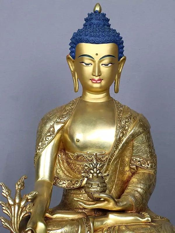 Exotic India 14" Medicine Buddha Copper Statue Gilded With Gold From Nepal 