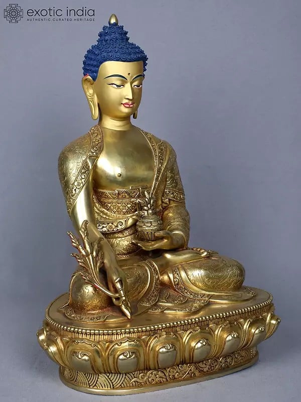 Exotic India 14" Medicine Buddha Copper Statue Gilded With Gold From Nepal 