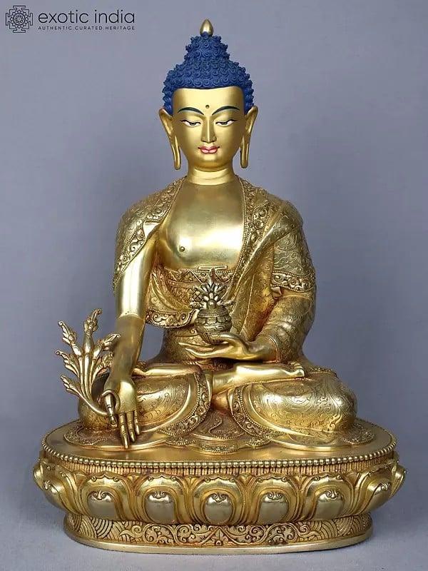 exotic india 14" Medicine Buddha Copper Statue Gilded with Gold from Nepal 