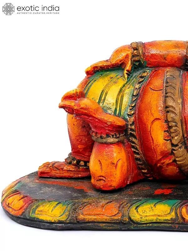 Exotic India 14" Sleeping/Relaxing Lord Ganesha | Wood Carving 
