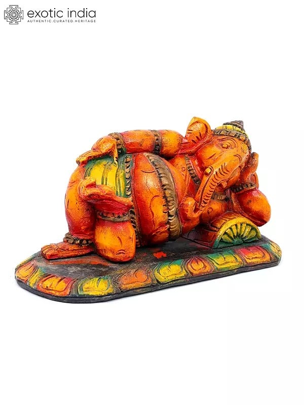 Exotic India 14" Sleeping/Relaxing Lord Ganesha | Wood Carving 