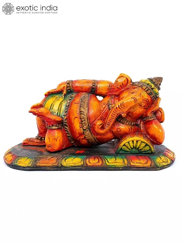 exotic india 14" Sleeping/Relaxing Lord Ganesha | Wood Carving 