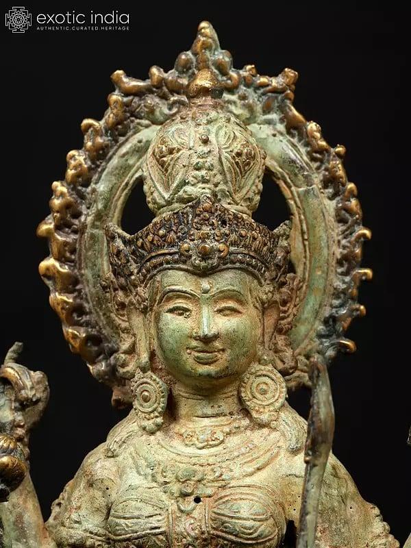 Exotic India 14" Standing Devi Saraswati - Goddess Of Knowledge Art And Speech | Balinese Brass Statue 