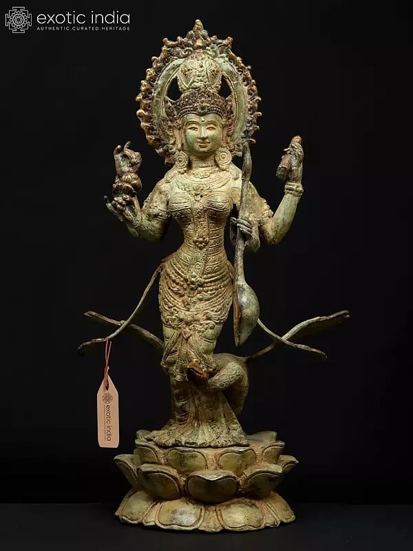 exotic india 14" Standing Devi Saraswati - Goddess of Knowledge Art and Speech | Balinese Brass Statue 
